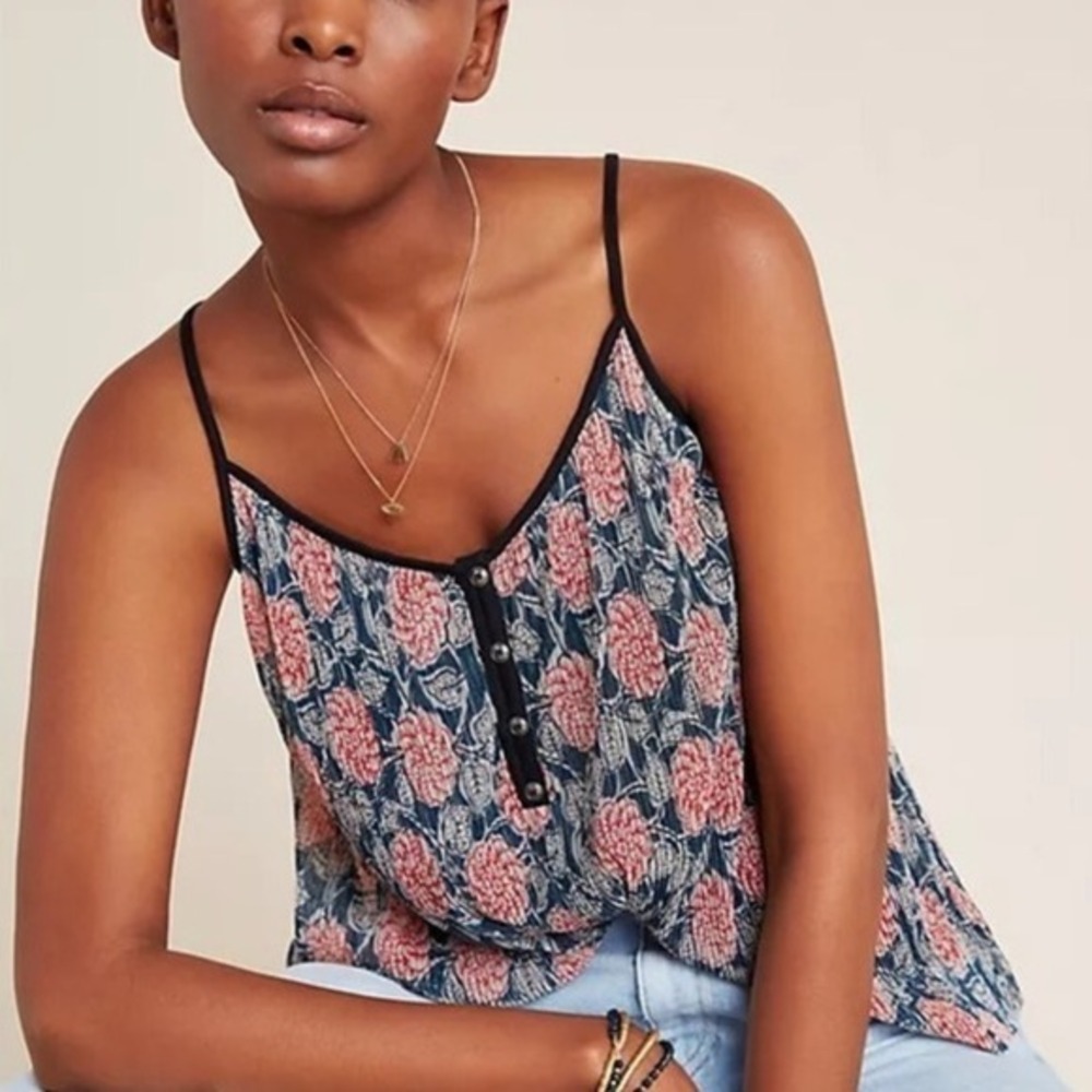 Anthropologie Floral Button-Front Tank Top in Navy and Pink